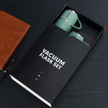 Stainless Steel Vacuum Flask Set – 500ml With 3 Cups (gift Box ) (random Color)