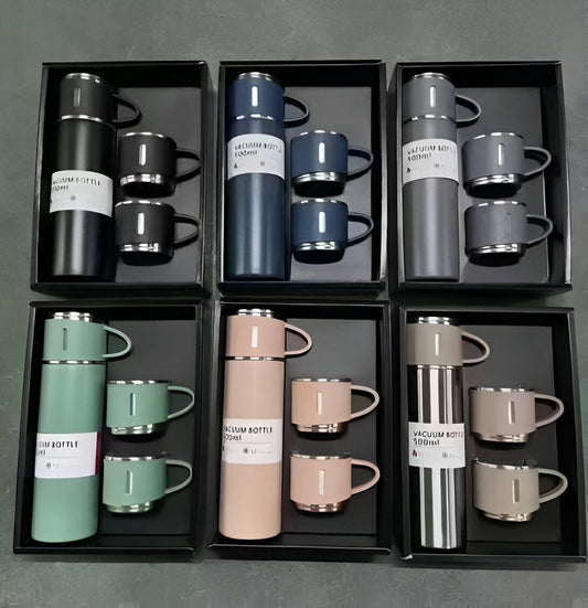 Stainless Steel Vacuum Flask Set – 500ml With 3 Cups (gift Box ) (random Color)