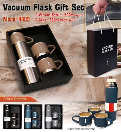 Stainless Steel Vacuum Flask Set – 500ml With 3 Cups (gift Box ) (random Color)